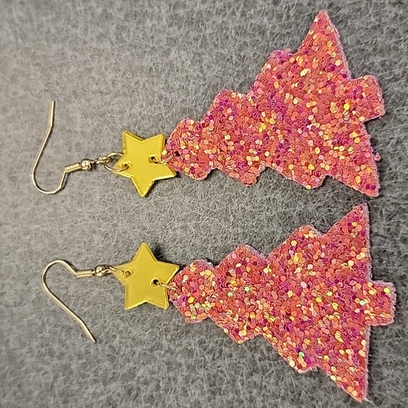 Faux Leather Sparkly Pink Christmas Tree Drop Earrings - Picture 1 of 1